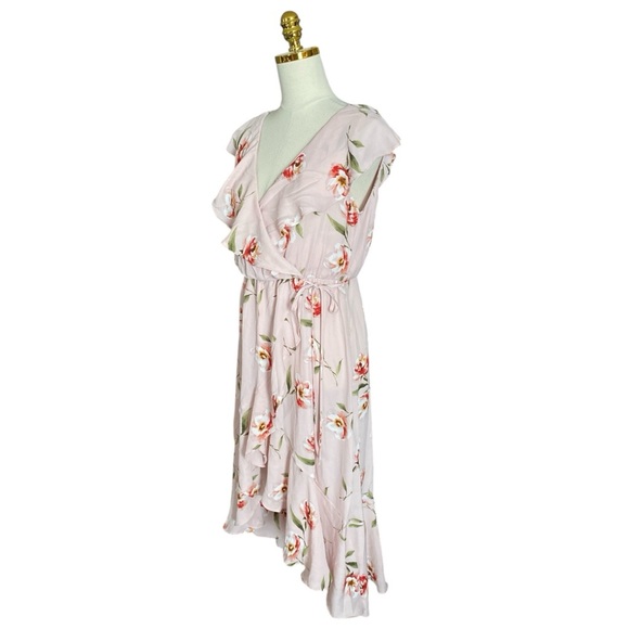 Soprano Women’s Pink Floral Asymmetrical Ruffle Trim Wrap Flowy Fairy Dress Sz L - Picture 3 of 8